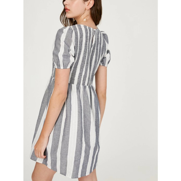 Listicle Womens Dress Blue Striped Babydoll Short Sleeves Mini Smocked Pockets - Picture 6 of 12